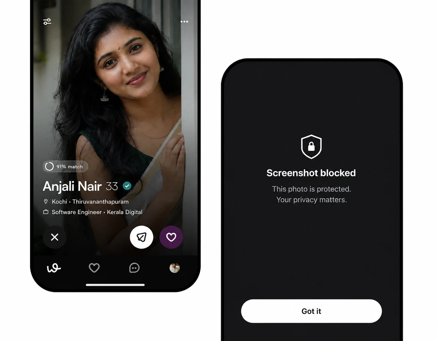 A maywe profile card beside the screenshot-blocked screen